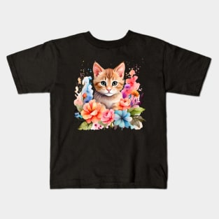 A cat decorated with beautiful watercolor flowers Kids T-Shirt